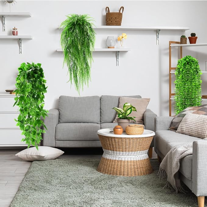 Daifunli 24 Pcs Artificial Hanging Plants Fake Hanging Ferns Plastic Faux Plants for Wall Room Garden Garland Indoor Outdoor Decor No Basket (Boston,Eucalyptus,Ivy Vine,String of Pearls)
