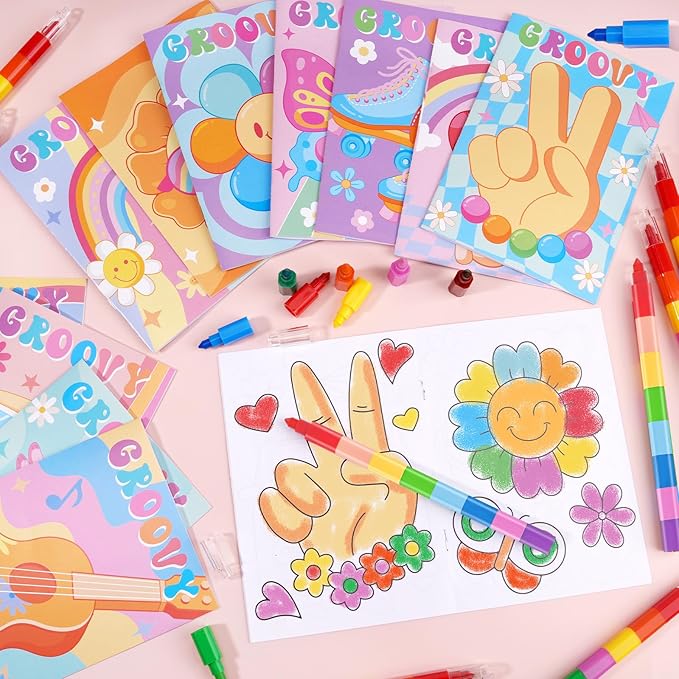 BenLouis 24 Hippie Boho Mini Coloring Books Kids with 24 Stacking Crayons Retro Daisy Party Favors Activity Books Bulk for Kids Two Groovy Goodie Bag Gift Stuffer Classroom Reward