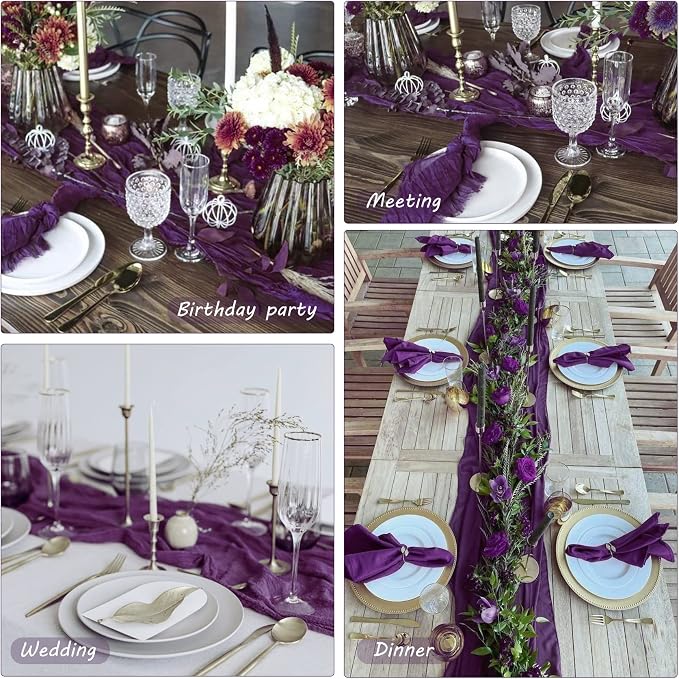 12 Pack 10Ft Cheesecloth Table Runner 35x120 Inch Boho Gauze Table Runner Rustic Cheese Cloth Long Romantic Table Runners for Wedding Bridal Shower Birthday Party Table Decor (Dark Purple)
