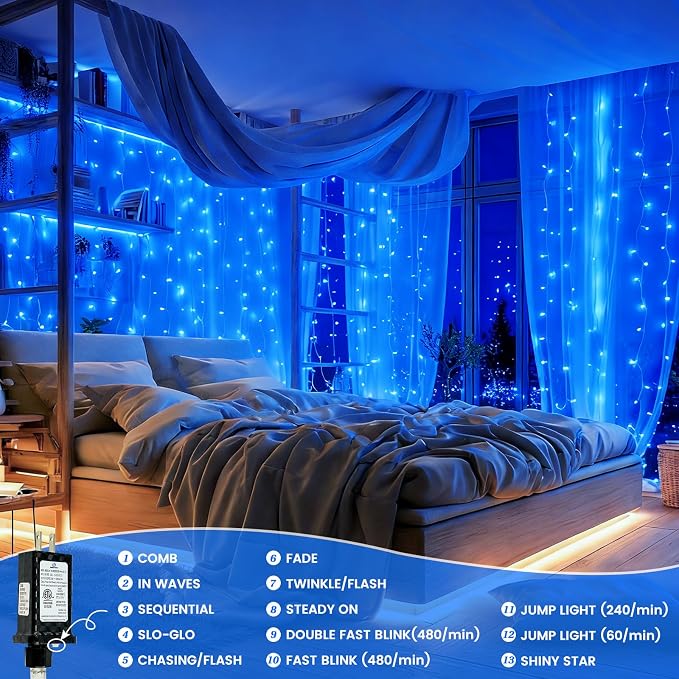 Connectable 2Pack String Lights Indoor, 66FT 200LED String Lights, 13Modes Twinkle Fairy Lights Plug in Outdoor Waterproof, Blue Clear Wire Light for Christmas Tree, Wedding Yard, Party Decor