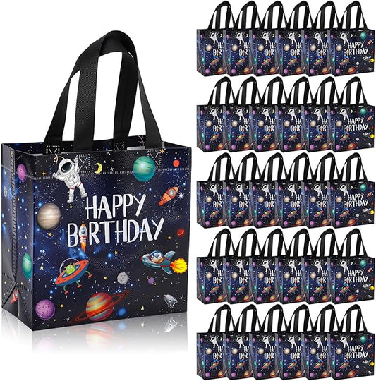 Tiamon 30 Pcs Outer Space Birthday Party Favor Bags Bulk Space Happy Birthday Gift Bags with Handles Reusable Non Woven Planet Goodie Treat Astronaut Present for Galactic Solar System Party Supplies