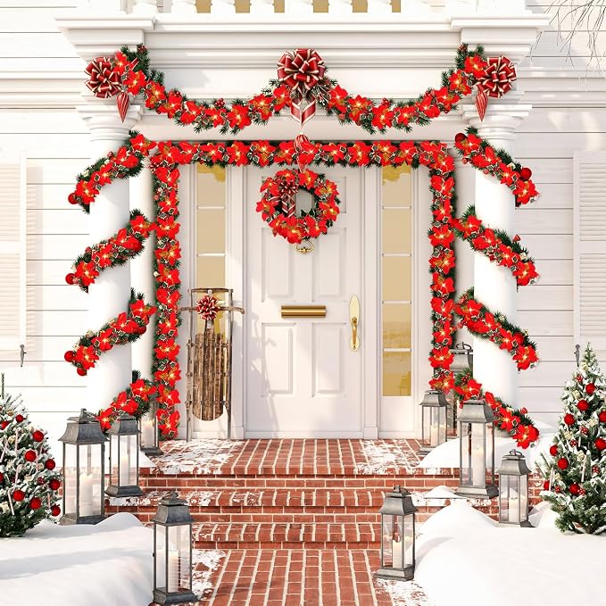 Zubebe 2 Pcs Prelit Poinsettia Christmas Garland with String Lights Glitter Holly Leaves Berries Remote Timer 8 Modes 6.5 ft Lighted Flower Garland Battery Operated Indoor Outdoor Decor(Red)