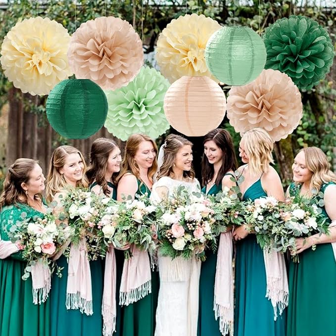 Sage-Olive Green Party-Decorations Paper-Flowers Lanterns - 15PCS Safari Boho Birthday Rustic Tissue Pom Poms Streamers, Baby Shower Neutral Garden Wedding Graduation Hanging Supplies Decor Hugfond