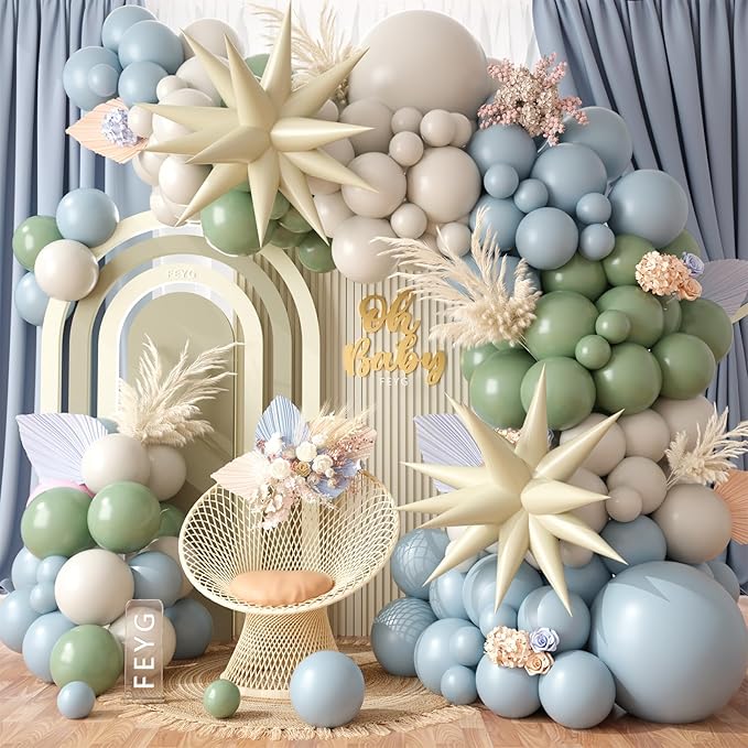 Dusty Blue Green Balloon Garland Arch Kit, Avocado Green Mist Blue White Sand Balloons Kit with Cream Star Balloons for Jungle Safari Neutral Birthday Baby Shower Boho Party Deocrations