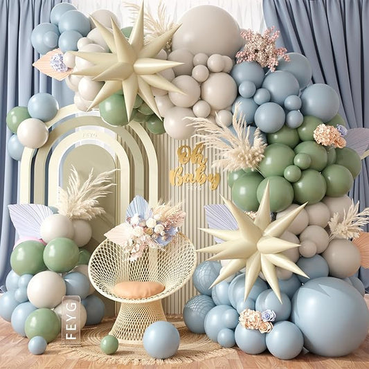 Dusty Blue Green Balloon Garland Arch Kit, Avocado Green Mist Blue White Sand Balloons Kit with Cream Star Balloons for Jungle Safari Neutral Birthday Baby Shower Boho Party Deocrations
