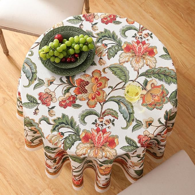 patdrea Vintage French Linen Tablecloth,Round,Diameter 55"-Santiago A | Elegant Print Table Cloth for Round Table,Colorful Floral Patterned,for Dining Room Tea Party Vender Banquet