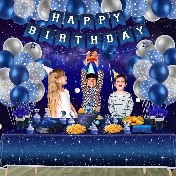 221 Pack Space Galaxy Party Supplies Ramadan Decoration Starry Night Tableware Set Space Birthday Banner Star Garlands Outer Tablecloth Galaxy Planet Themed Birthday Party Decorations Serves 20