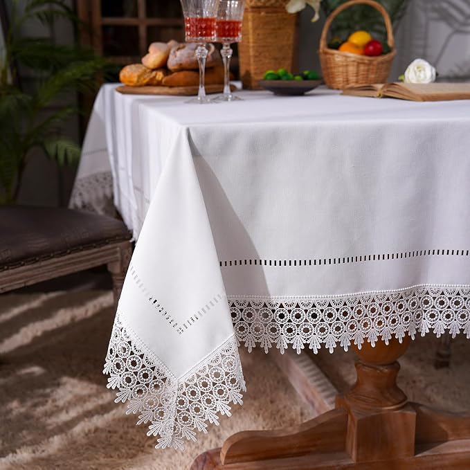 ARTABEL Cut Work Table Cloths with Lace Laser Die-Cut Exquisite Vintage Shabby Chic for Holiday Wedding Long Dinner Tables (Offwhite, 60 x 104 Inch)