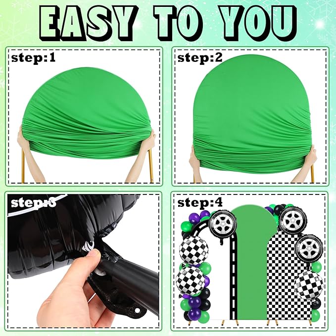 Foilswirl 34 Pcs Arch Backdrop Covers Monster Truck Party Decorations 4ft 5ft 6ft Monster Truck Checkered Backdrop with Green Purple Black Balloon Backgrounds for Birthday Party Supplies