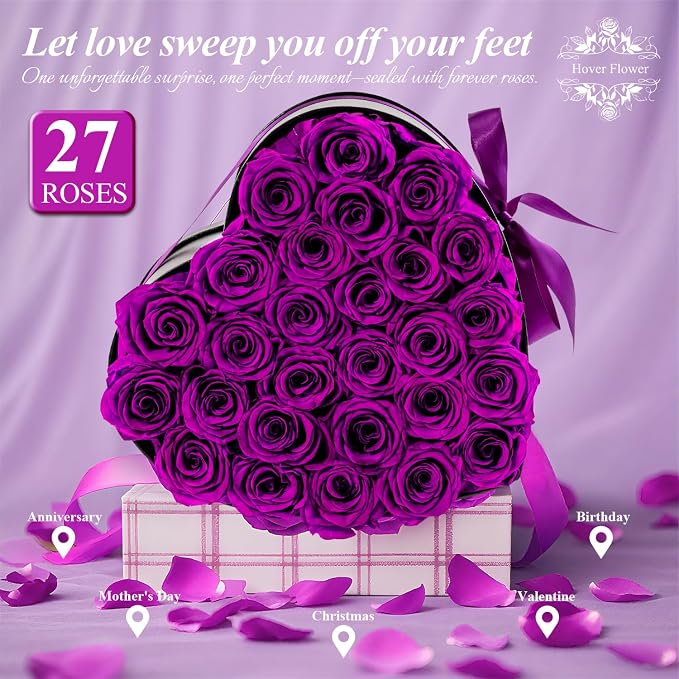 27 Forever Preserved Flowers in a Box, Vanlentines Day Gifts for Her, Eternal Roses Flowers for Delivery Prime, Birthday Gifts for Women Mom Grandma Wife (Purple)
