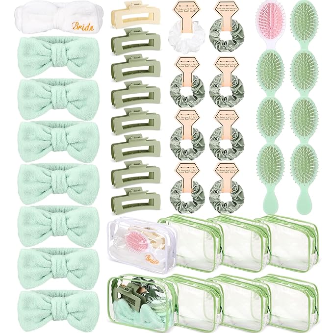 40 Pcs Bachelorette Favor Set Include Headband Scrunchies Hair Claw Clips Hairbrush and Makeup Bag for Bridal Shower Party Gifts Bridesmaid Wedding Supplies (White and Green)