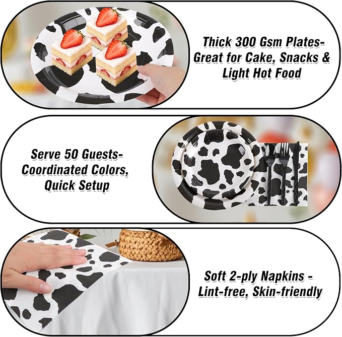 400 Pcs Disposable Black Cow Print Tableware Set for 50 Guests | Heavy-Duty 7" & 9" Paper Plates, Cups, 13" Napkins & Plastic Cutlery for Cow Birthday, Farm and Western Party Supplies