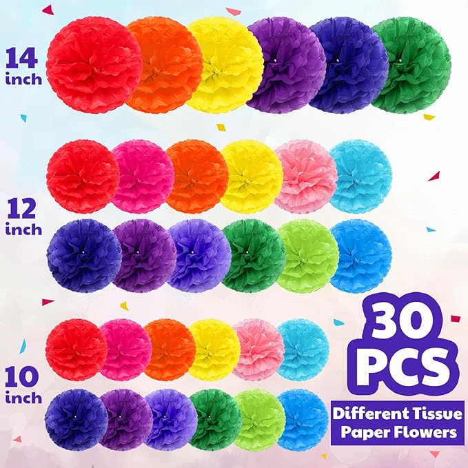 Yeaqee 30 Pcs Multicolor Large Tissue Paper Pom Poms Decorations 14''/ 12''/ 10'' Tissue Paper Flowers Large Hanging Rainbow Wall Decor for Fiesta Birthday Party Baby Shower Wedding Celebration