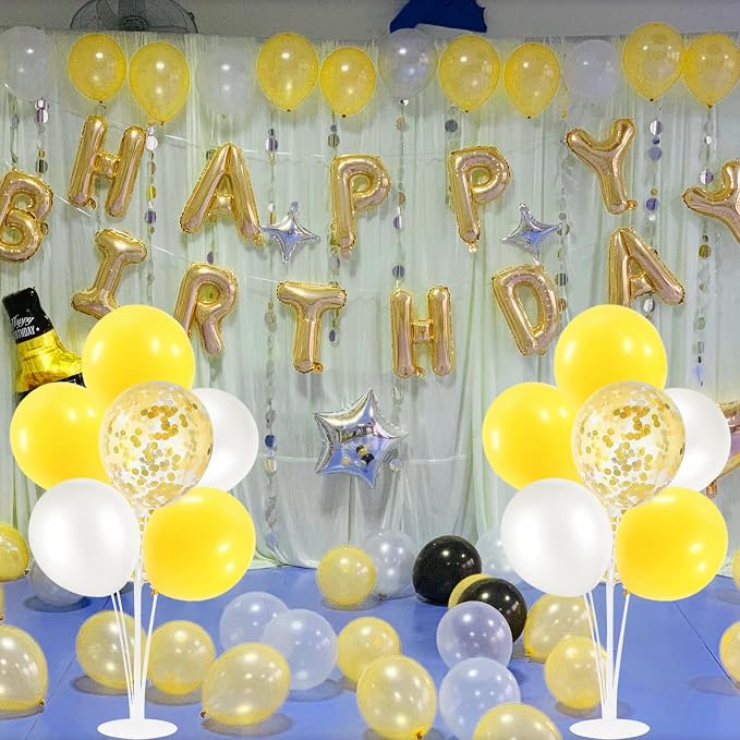 ZJDHPTY 4Set Yellow and White Balloon Stand Table Centerpiece Party Decor | Sunflower Daisy Bee Birthday Baby Shower Bridal Shower Engagement Wedding Spring Summer Backyard Party Decorations
