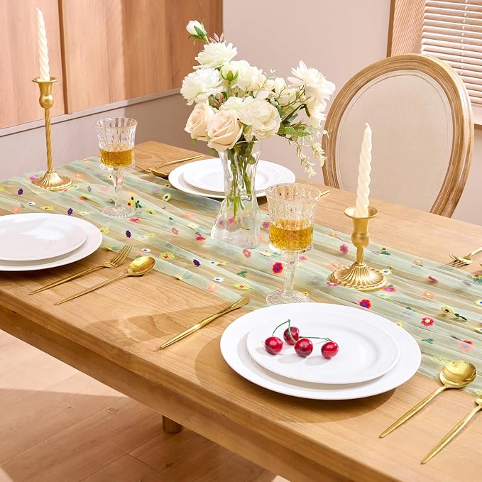QueenDream 10FT Sage Green Floral Spring Table Runner Embroidery Daisy Gauze Table Runner for Summer Baby Shower Wedding Birthday Party