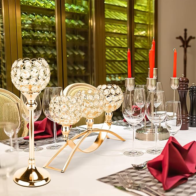 Gold Crystal Tealight Candle Holders Bling Bowl Candelabras 3 Arms Candlesticks Holder with Plastic Candles and Gloves Table Centerpiece Center Pieces Decoration for Wedding Party Anniversary