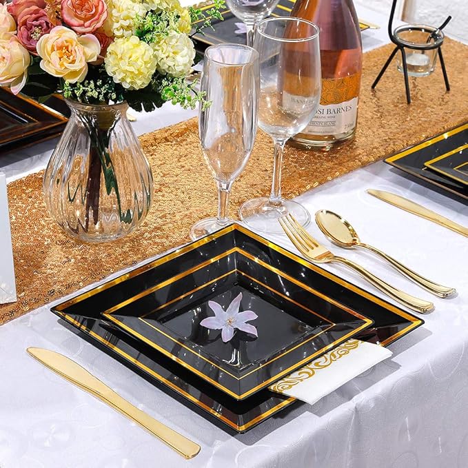 WDF 125Pieces Black Square Plastic Plates with Gold Rim Gold Disposable Silverware - include 25Pcs Dinner Plates,25Pcs Dessert Plates,25 Forks, 25 Knives, 25 Spoons for Graduation Wedding Party