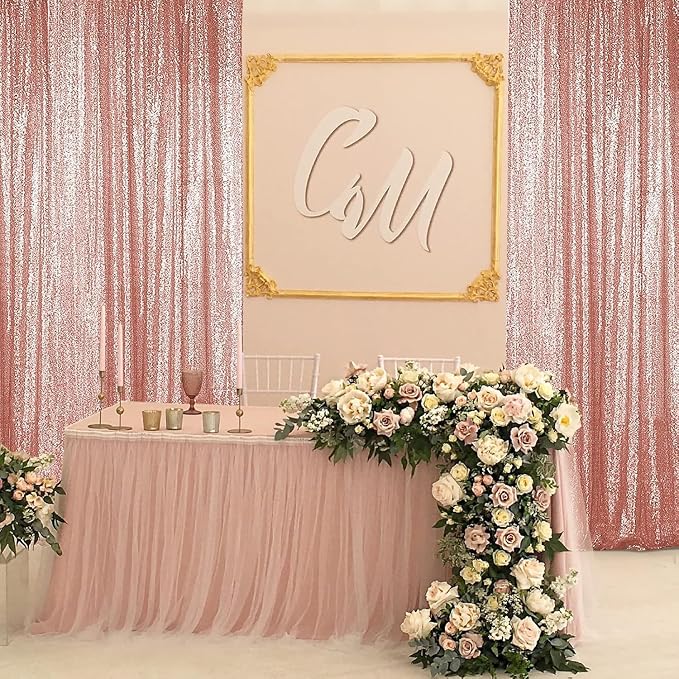 Sugargirl Rose Gold Sequin Backdrop Curtain 6 Panels 2FTx8FT Glitter Rose Gold Background Drapes Sparkle Photography Backdrop for Party Wedding Birthday Wall Decoration