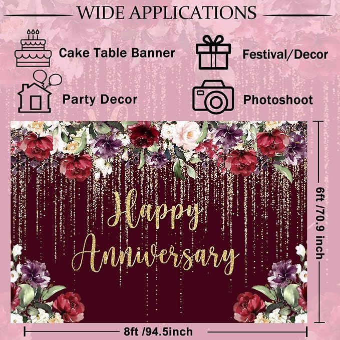 Happy Anniversary Backdrop Party Decorations, Burgundy Flower Wedding Anniversary Party Photography Background Couple Marriage Engagement Commemoration Day Banner Photo Shoot Props 8x6ft