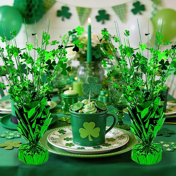 FUBININA 6 PCS St Patrick's Day Decoration Glitter Shamrock Metallic Foil Spray Centerpieces Lucky Clover Green Tabletop Decor for Irish St Patty's Day Birthday Wedding Home Party Supplies
