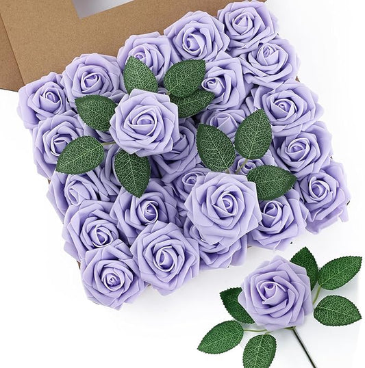 DuHouse 50Pcs Artificial Roses Flowers Fake Roses with Stems Real Touch Foam Flowers for DIY Wedding Bouquet Party Centerpiece Floral Arrangement Party Home Decor(Lilac)