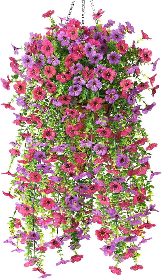 Homsunny Artificial Flowers Hanging Basket for Outdoor Spring Decor, Fake Hanging Plants Faux Mums UV Resistant Silk Daisy for Outside Front Porch Patio Balcony Garden Backyard