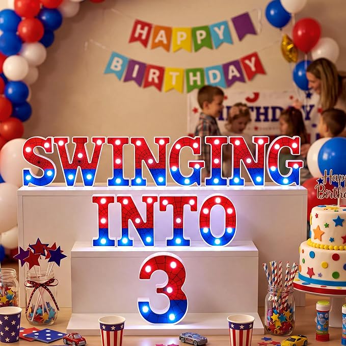Honoson 13 Pcs Spider Theme 3rd Birthday Decorations Swinging into 3 LED Letter Lights Sign Red Blue Spider Theme Table Lights Decoration for 3 Years Birthday Party Supplies