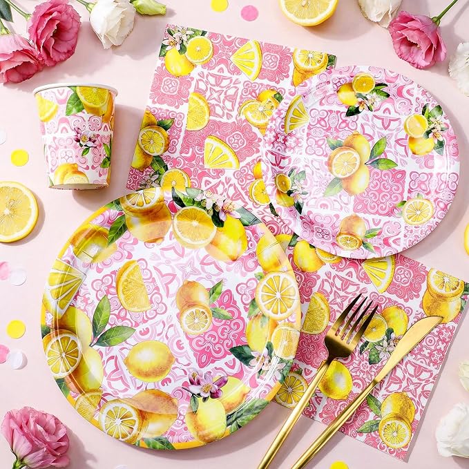 Hsei 250 Pcs Pink Lemon Birthday Party Decorations Lemon Plates and Napkins Pink Baby Shower Birthday Supplies Set Disposable Plates Napkins Cups for Bridal Baby Shower Party Supplies