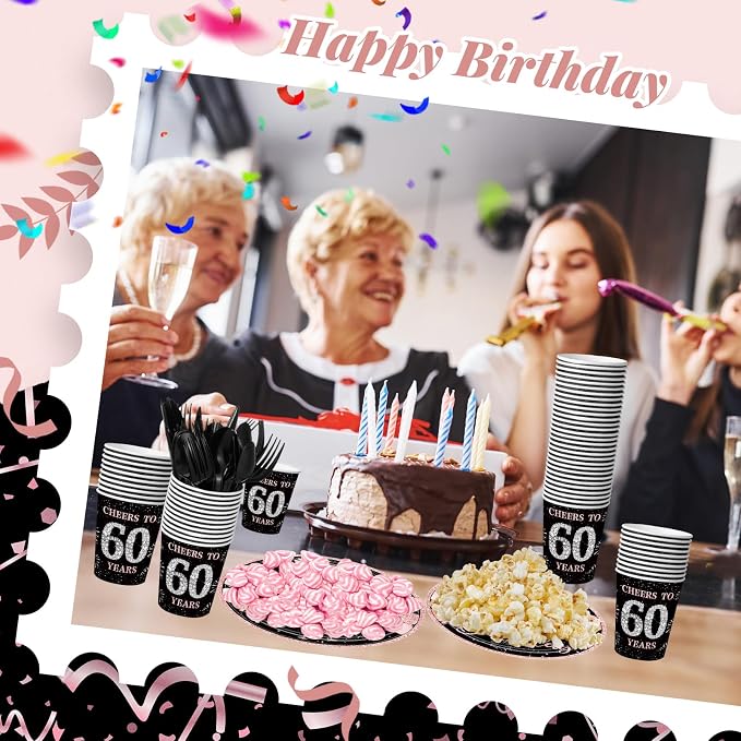 240 Pcs 60th Birthday Decorations 1966 Birthday Party Tableware Include Plates Napkins 9oz Cups Cutlery 60th Anniversary Party Supplies for Men Women Him Her, Serve 30 Guests (Black Pink)