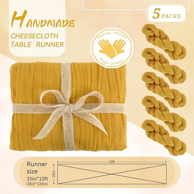 5 Packs Cheesecloth Table Runner Mustard Yellow, 10Ft x 35" Yellow Rustic Gauze Boho Wedding Table Runner Decoration, Wedding Table Decor Table Cloth for Wedding Party Bridal Shower Table