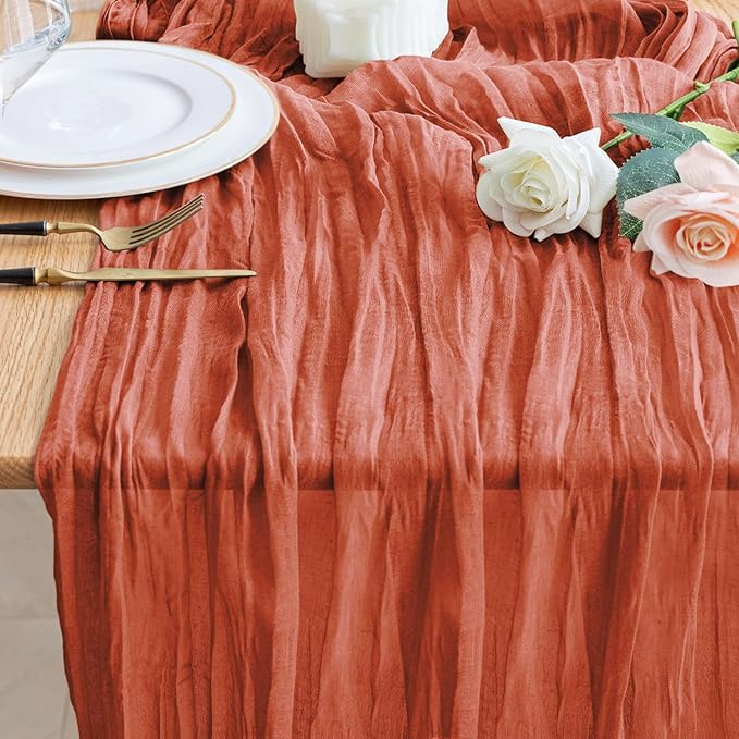 Wokceer Fall Table Runner Cheesecloth 10FT Boho Gauze Terracotta Cheese Cloth Table Runner Christmas Thanksgiving Rustic Sheer Runners for Baby Bridal Shower Wedding Easter