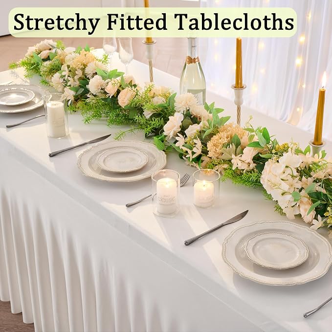 4 Pack Spandex Ivory Tablecloths for 8 Foot Rectangle Tables, Wrinkle Free Stretchy Table Clothes 8 ft Fitted Tablecover Desk Skirt for Parties Weddings Birthday Banquet Baby Shower