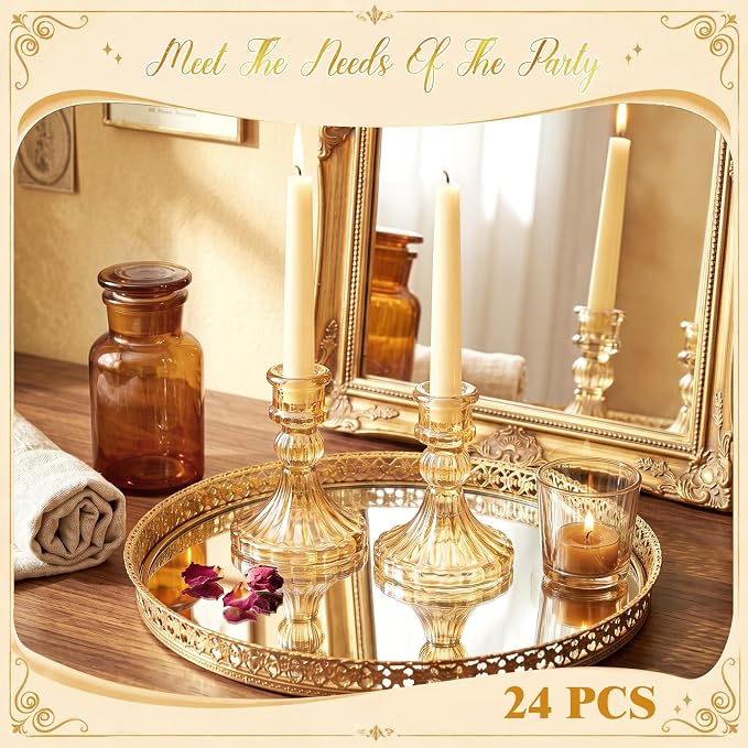 Sieral 24 Pcs Gold Taper Candle Holders 4'' Tall Candlestick Glass Holders Bulk Stripe Decorative Stand Wedding Stick Holder for Anniversary Party Dining Table Festival Decor