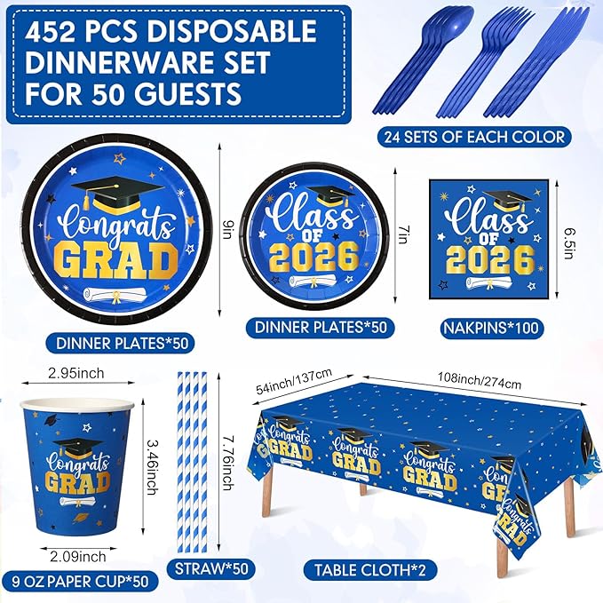 Funnymoom 452 Pcs 2026 Blue and Gold Graduation Party Decorations Supplies, Class of 2026 Graduation Paper Plates Napkins Cups Tablecloth Cutlery Straws Grad Congrats Grad Party Disposable Tableware