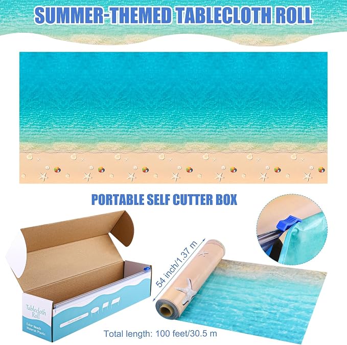 Kochorie 100 Ft x 54 Inch Summer Beach Tablecloth Roll with Cutter Box Beach Themed Party Tablecover Disposable Beach Ball Plastic Tablecloth Ocean Backdrop for Summer Pool Birthday Party Supply