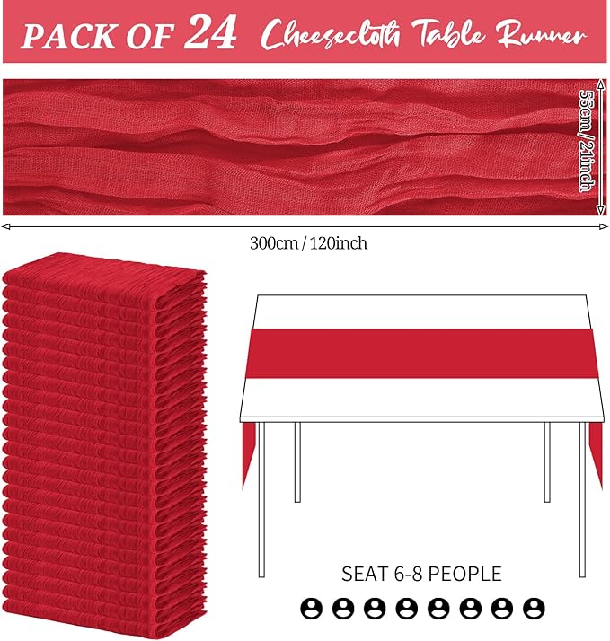 24 Pack Cheesecloth Table Runner 20 x 120 inch Cheese Cloth Table Runner Bulk,Romantic Boho Sheer Gauze Fabric Table Runners for Wedding Reception,Party,Bridal Shower Table Decor(Red)