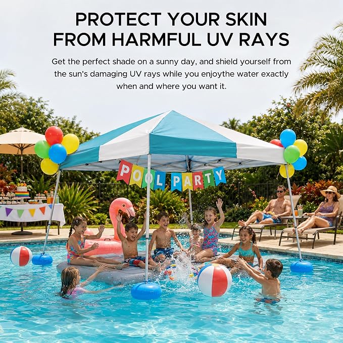 SUNJOY 10x10 FT Floating Pool Canopy Pop Up Gazebo, Gray and Light Blue Water Tent with Steel & Aluminum Frame, PVC Floats, Hand Pump & Carry Bag for Lake, Beach, Pool