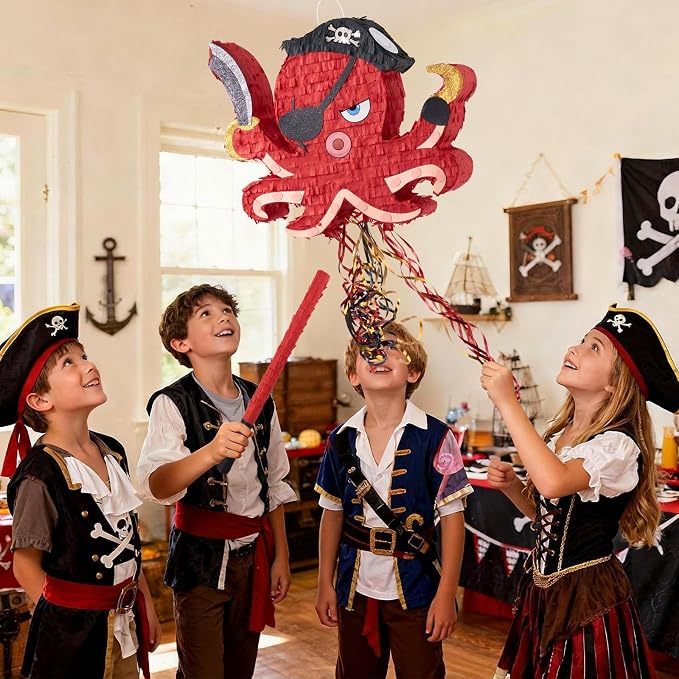WERNNSAI Pirate Octopus Piñata - Pirate Birthday Decoration Animal Piñata with Blindfold and Stick for Caribbean Party Decoration Men Boys Birthday Anniversary Carnival Celebration Supplies