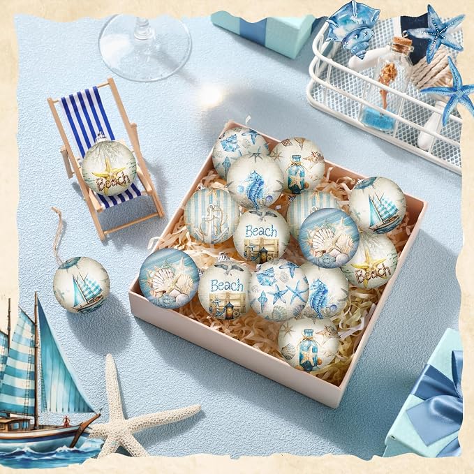 Outus 16 Pcs Summer Beach Ornaments Ball Ocean Beach Decorations for Tree Coastal Nautical Navigation Seashell Hanging Ornaments Xmas Decorations for Home Small Tree Fireplace Holiday Party Favors