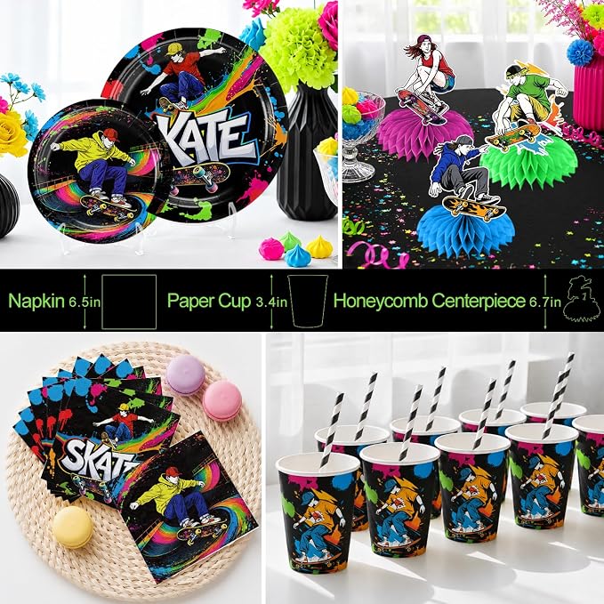 215Pcs Skateboard Birthday Party Decorations, All-in-One Party Supplies Includes Banner, Cake Cupcake Topper, Balloons, Plates and Napkins, Easy Setup Skate Party, Serves 25