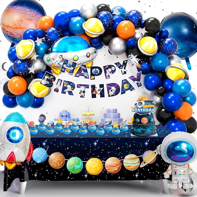 Outer Space Party Decorations, 109pcs Space Birthday Decorations Set Includes Galaxy Birthday Banner Balloons Tablecloth Cake Decorations etc
