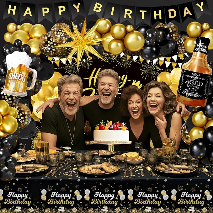 Black and Gold Birthday Decorations for Men Women | Black Gold Balloon Arch Kit, Happy Birthday Banner, Tablecloth, Backdrop