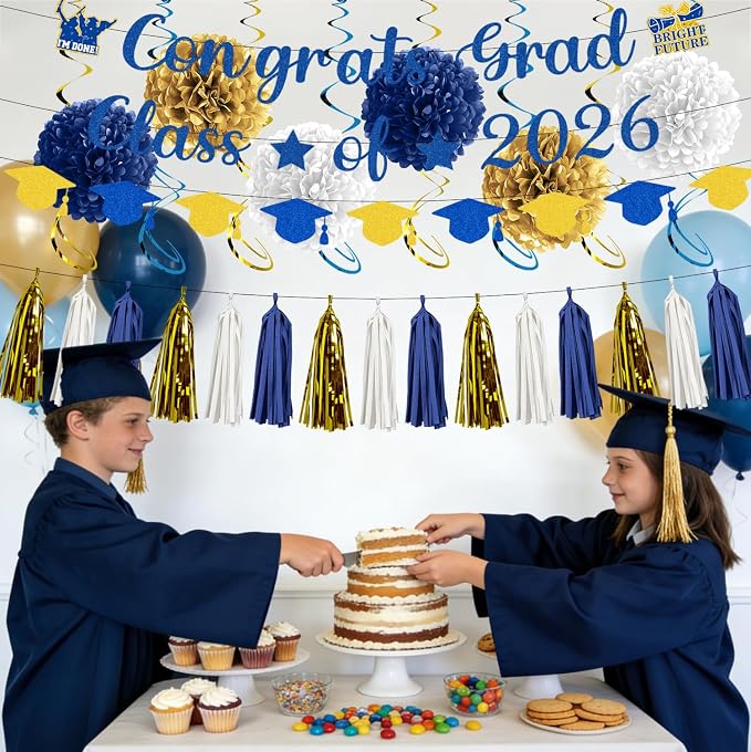 Rakuto Navy Blue and Gold Graduation Decorations 2026, 32PCS Congrats Grad Class of 2026 Glitter Banners and Hanging Swirls, Congratulations Grad Tassel Garland and Paper Pom Poms Party Decor