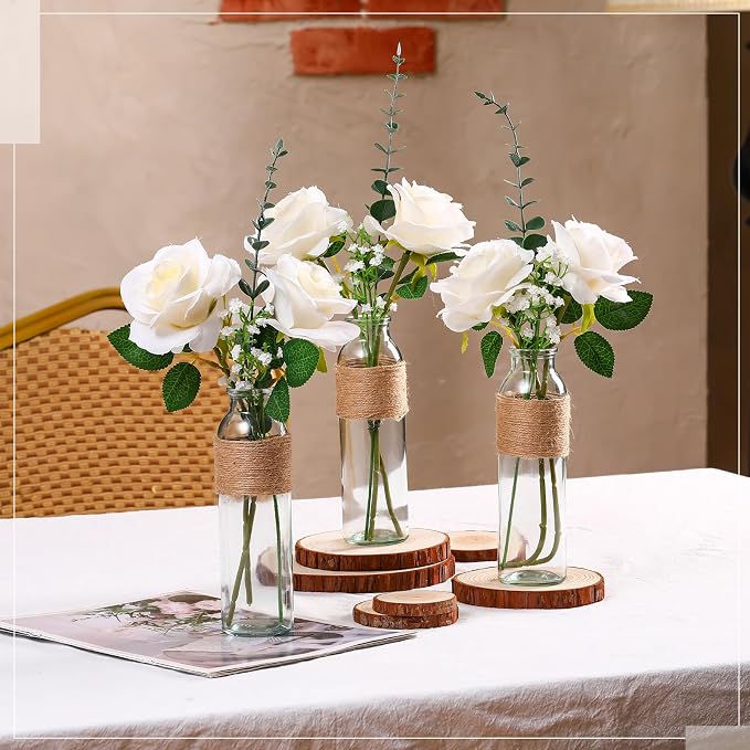 Qinyoung 10 Set Clear Glass Vase with Flowers Centerpieces 10 Clear Glass Jars 40 Artificial Plant with Rope Table Centerpieces for Wedding Rustic Baby Shower Party Farmhouse Home Decoration