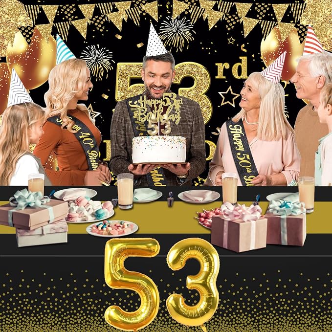 53rd Birthday Decorations Men Women with 53rd Birthday Banner, Black and Gold Table Cloth, Number Balloons, Large Sash, Cake Topper and Candles