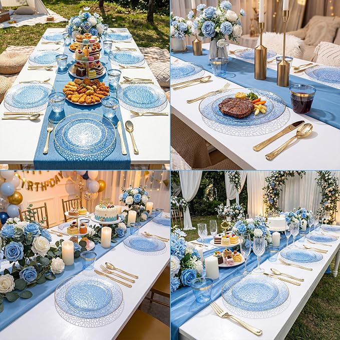 175PCS Blue Plastic Plates for 25 Guests, Disposable Plates for Party, Heavy Duty Disposable Plate Set Include: 25 Dinner Plates, 25 Dessert Plates, 25 Cups and Cutlery for Wedding & Party