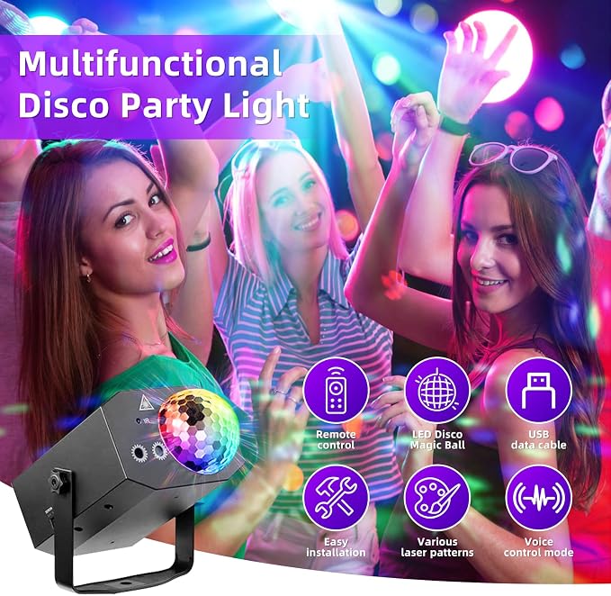 Party Lights, Dj Disco Ball Light, Strobe Stage Laser Lights Projector with Remote Control for Festivals Atmosphere Birthday Party Decorations（Plastic Shell）