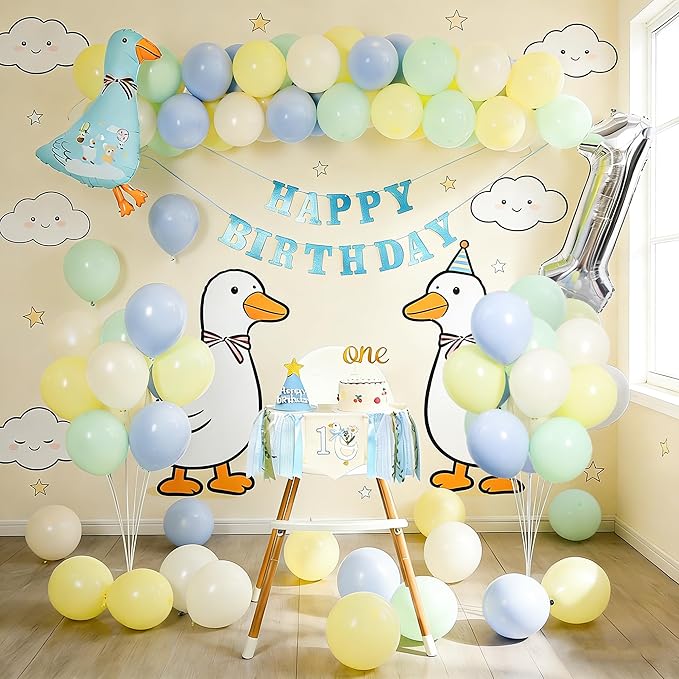 One Funny Goose High Chair Banner for Boys - Blue 1st Birthday Yarn Tassel Banner, Cute Goose Theme Decor for Boys' First Birthday Party