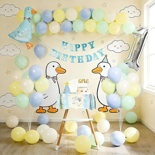 One Funny Goose High Chair Banner for Boys - Blue 1st Birthday Yarn Tassel Banner, Cute Goose Theme Decor for Boys' First Birthday Party