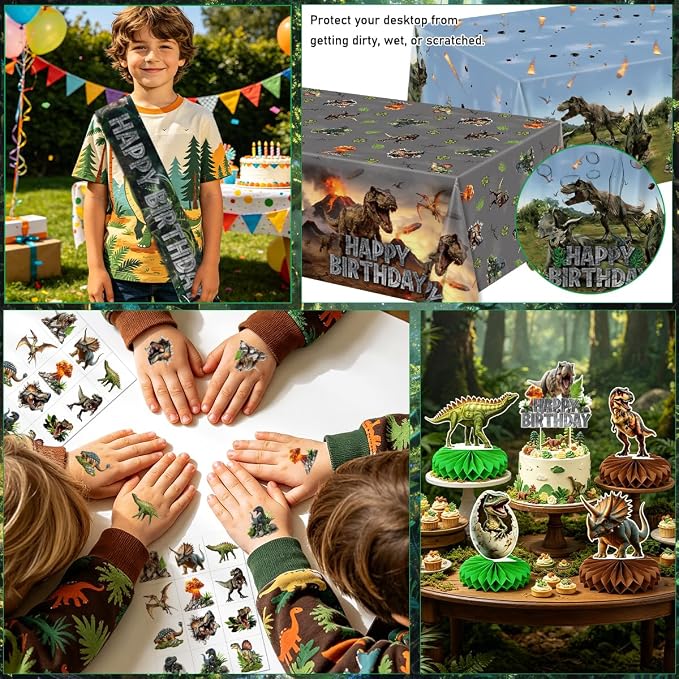 Dinosaur Birthday Party Decorations Dino World Birthday Decorations Tableware Set Include Plates,Napkins,Tablecloths,Balloon, Banner,Hanging Swirl,Honeycomb Centerpieces for Party Decor Serve 26